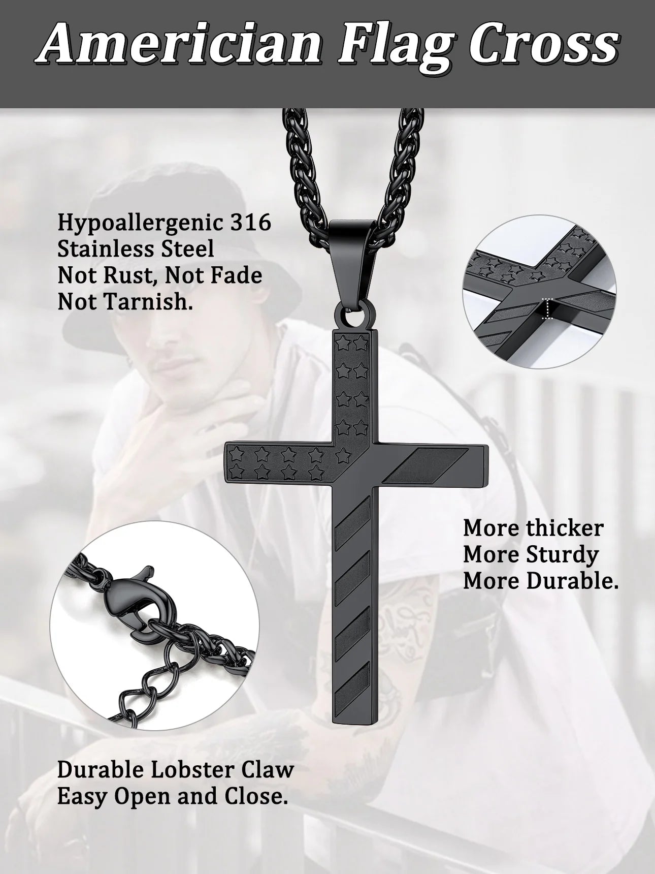 Collar Cruz USA Negro para-Hombre y Mujer – Ideal Primera Comunión o Regalo unisex